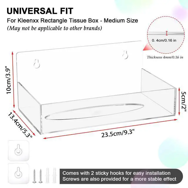 Alt view image 5 of 7 - Acrylic Tissue Box Holder Wall Mounted, Clear Rectangular Tissue Cover Organizer with Self Adhesive Hook and Screws, Classic Tissues Dispenser for Bathroom Toilet Kitchen Desk Cabinets RVs