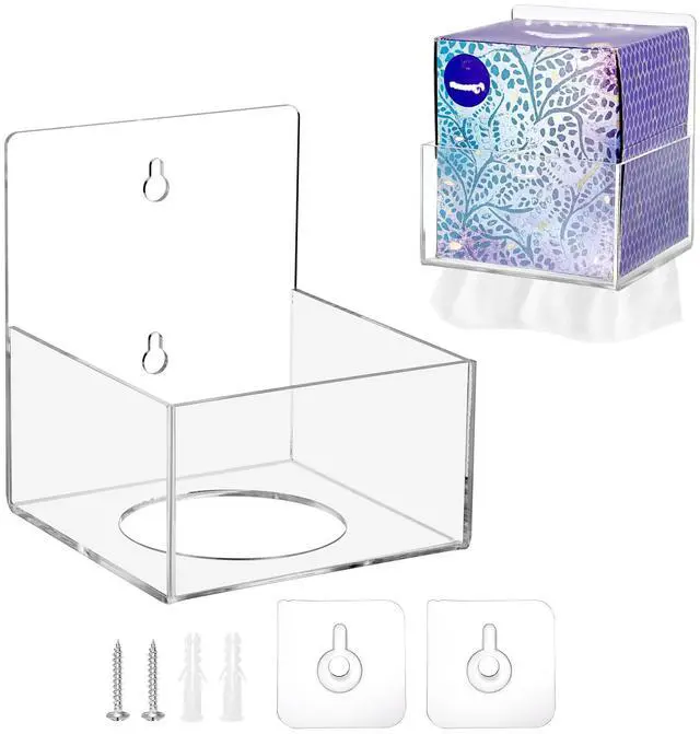 Main image of Acrylic Tissue Box Holder Wall Mounted, Clear Square Tissue Organizer with Self Adhesive Hook and Screws, Classic Tissue Box Cover Tissues Dispenser for Bathroom Toilet Kitchen Desk Cabinet RV