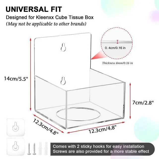 Alt view image 4 of 7 - Acrylic Tissue Box Holder Wall Mounted, Clear Square Tissue Organizer with Self Adhesive Hook and Screws, Classic Tissue Box Cover Tissues Dispenser for Bathroom Toilet Kitchen Desk Cabinet RV