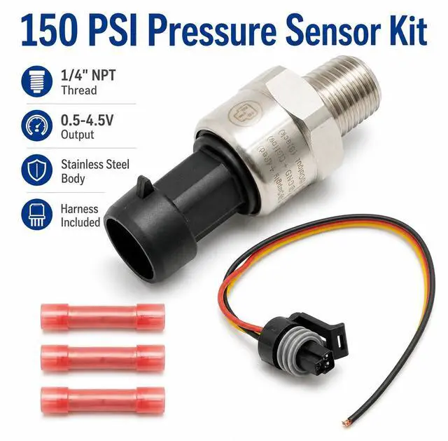 Alt view image 3 of 7 - 150 Psi Oil Fuel Pressure Sensor Transducer with Harness Kit, 1/4" NPT Thread Stainless Steel, Replacement for Oil Air Fuel Gas Water