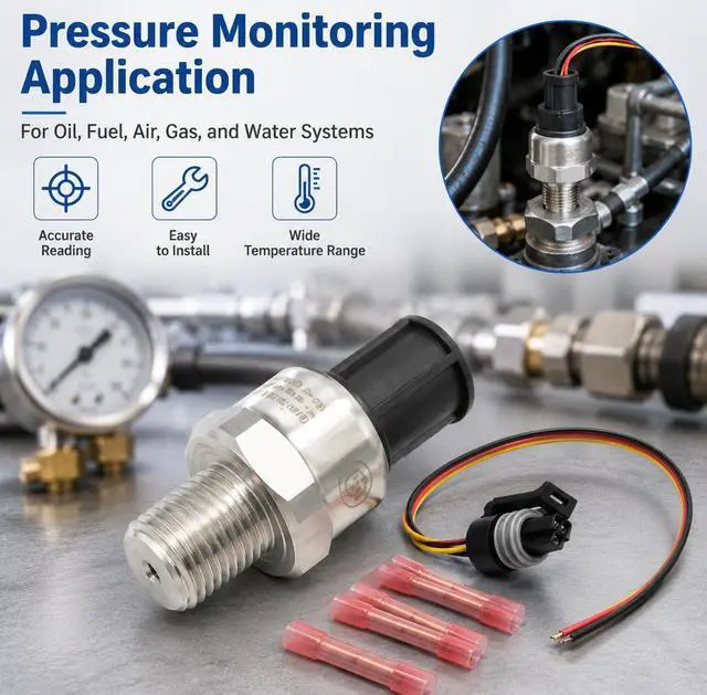 Alt view image 5 of 7 - 150 Psi Oil Fuel Pressure Sensor Transducer with Harness Kit, 1/4" NPT Thread Stainless Steel, Replacement for Oil Air Fuel Gas Water