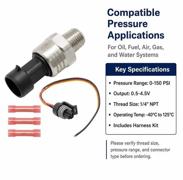 Alt view image 4 of 7 - 150 Psi Oil Fuel Pressure Sensor Transducer with Harness Kit, 1/4" NPT Thread Stainless Steel, Replacement for Oil Air Fuel Gas Water