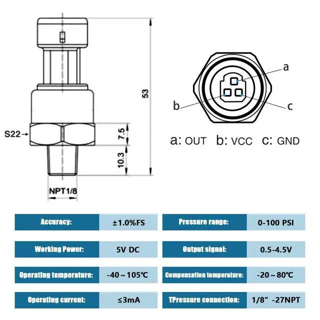 Alt view image 2 of 7 - 100 PSI Pressure Transducer Sensor with Connector Harness, 1/8"NPT Thread Stainless Steel Pressure Transmitter for Oil Fuel Water Air