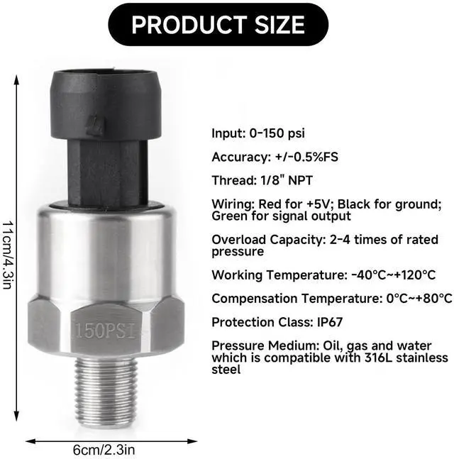 Alt view image 4 of 7 - 150PSI Pressure Transducer Sensor, 1/8NPT Thread Stainless Steel Pressure Sensor 0.5-4.5V, Fuel Oil Pressure Transducer Sensor with Connector Harness for Gas, Water, Air