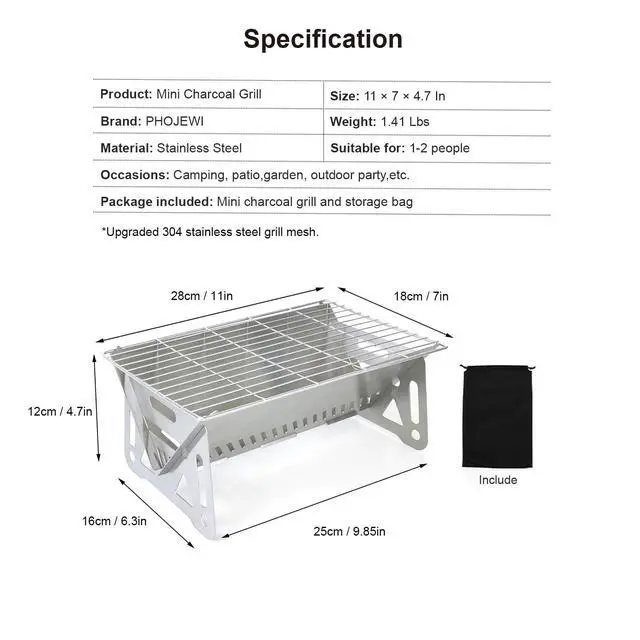 Alt view image 3 of 6 - Mini Portable Charcoal Grill,Small BBQ Grill Tabletop Fire Pit for Camping Patio Outdoor Stainless Steel Camping Folding Barbecue Grills Backpacking Grills