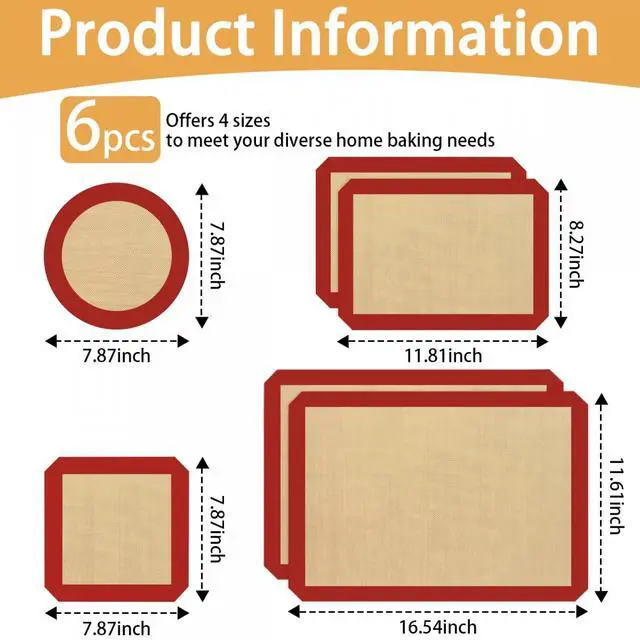 Alt view image 2 of 7 - 6 Pcs Silicone Baking Mat Non Slip Reusable BPA Free Silicone Rectangular Bakeware Sheet Liner for Cookies Pastry Bread Dough Prep Oven Counter (Red)