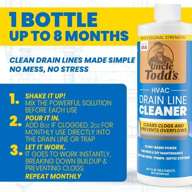 Alt view image 6 of 6 - HVAC Drain Line Cleaner 16oz / 8 Months Supply Bleach-Free, Fast-Acting, Long-Lasting AC Drain Line Solution for Tough Clogs & Buildup