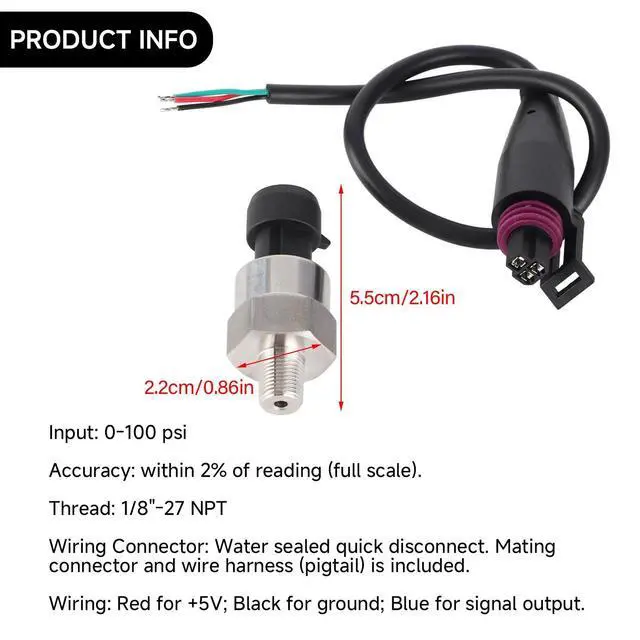 Alt view image 2 of 7 - 100PSI Pressure Transducer Sensor, 1/8-27NPT Thread Stainless Steel Pressure Sensor 0.5-4.5V, Fuel Oil Pressure Transducer Sensor with Connector Harness for Gas, Water, Air
