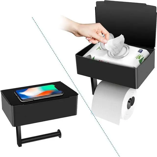 Main image of Toilet Paper Holder with Storage, Shelf of Bathroom Toilet Tissue Holder, Toilet Paper Roll Holder, Black Stainless Steel Wall Mount, No Installation & Flushable Wet Wipes Storage