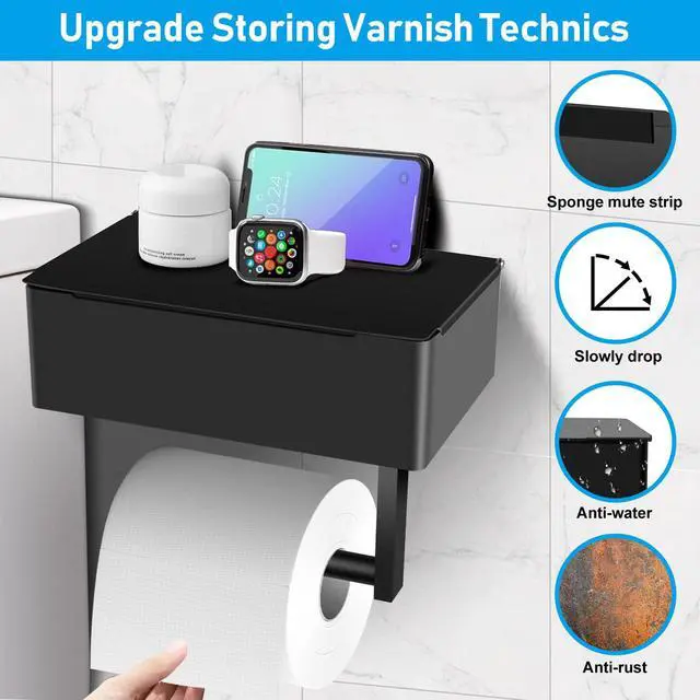 Alt view image 2 of 7 - Toilet Paper Holder with Storage, Shelf of Bathroom Toilet Tissue Holder, Toilet Paper Roll Holder, Black Stainless Steel Wall Mount, No Installation & Flushable Wet Wipes Storage