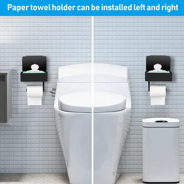 Alt view image 3 of 7 - Toilet Paper Holder with Storage, Shelf of Bathroom Toilet Tissue Holder, Toilet Paper Roll Holder, Black Stainless Steel Wall Mount, No Installation & Flushable Wet Wipes Storage