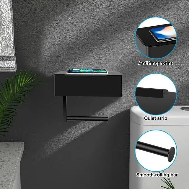 Alt view image 5 of 7 - Toilet Paper Holder with Storage, Shelf of Bathroom Toilet Tissue Holder, Toilet Paper Roll Holder, Black Stainless Steel Wall Mount, No Installation & Flushable Wet Wipes Storage