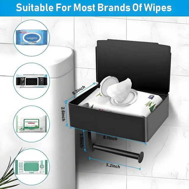 Alt view image 4 of 7 - Toilet Paper Holder with Storage, Shelf of Bathroom Toilet Tissue Holder, Toilet Paper Roll Holder, Black Stainless Steel Wall Mount, No Installation & Flushable Wet Wipes Storage