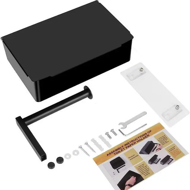 Alt view image 7 of 7 - Toilet Paper Holder with Storage, Shelf of Bathroom Toilet Tissue Holder, Toilet Paper Roll Holder, Black Stainless Steel Wall Mount, No Installation & Flushable Wet Wipes Storage