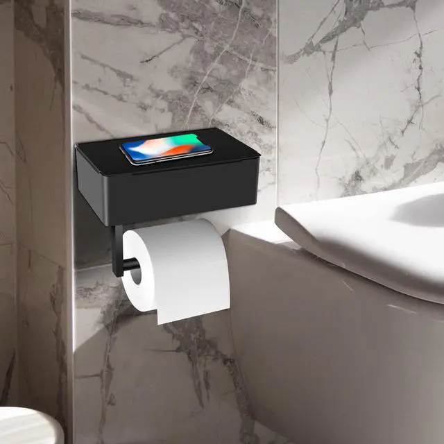 Alt view image 6 of 7 - Toilet Paper Holder with Storage, Shelf of Bathroom Toilet Tissue Holder, Toilet Paper Roll Holder, Black Stainless Steel Wall Mount, No Installation & Flushable Wet Wipes Storage