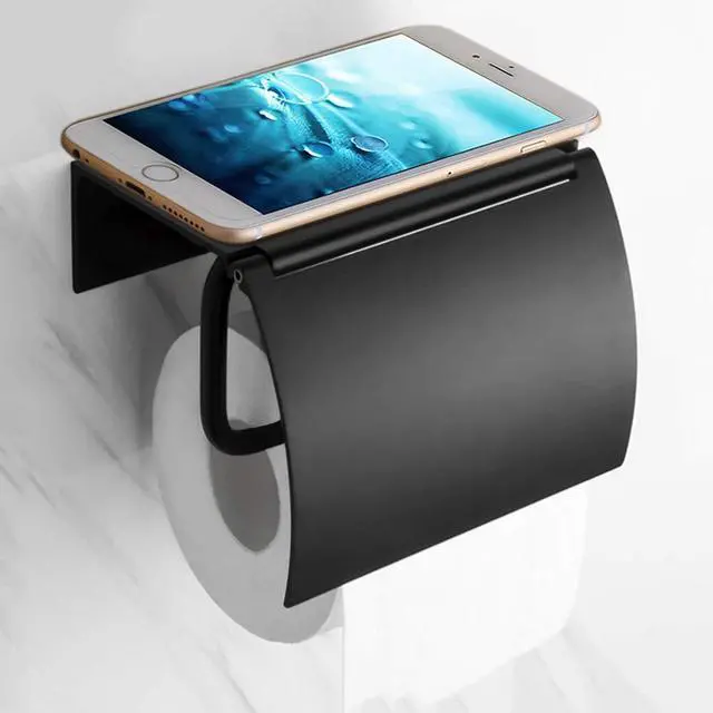 Main image of Matte Black Toilet Paper Holder Wall Mounted with Phone Shelf, Universal Modern Toilet Tissue Holder fit Mega Roll Toilet Paper, Cat Proof Toilet Paper Holder Bathroom Metal Aluminum Covered TP Holder