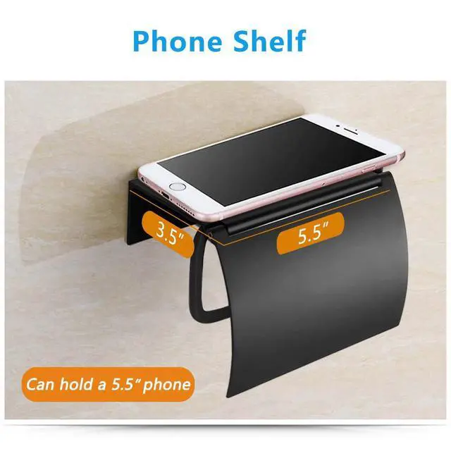 Alt view image 2 of 7 - Matte Black Toilet Paper Holder Wall Mounted with Phone Shelf, Universal Modern Toilet Tissue Holder fit Mega Roll Toilet Paper, Cat Proof Toilet Paper Holder Bathroom Metal Aluminum Covered TP Holder