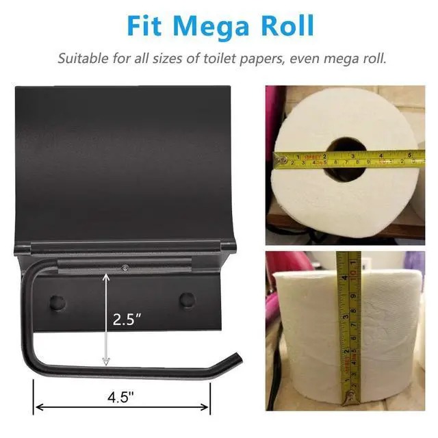 Alt view image 6 of 7 - Matte Black Toilet Paper Holder Wall Mounted with Phone Shelf, Universal Modern Toilet Tissue Holder fit Mega Roll Toilet Paper, Cat Proof Toilet Paper Holder Bathroom Metal Aluminum Covered TP Holder