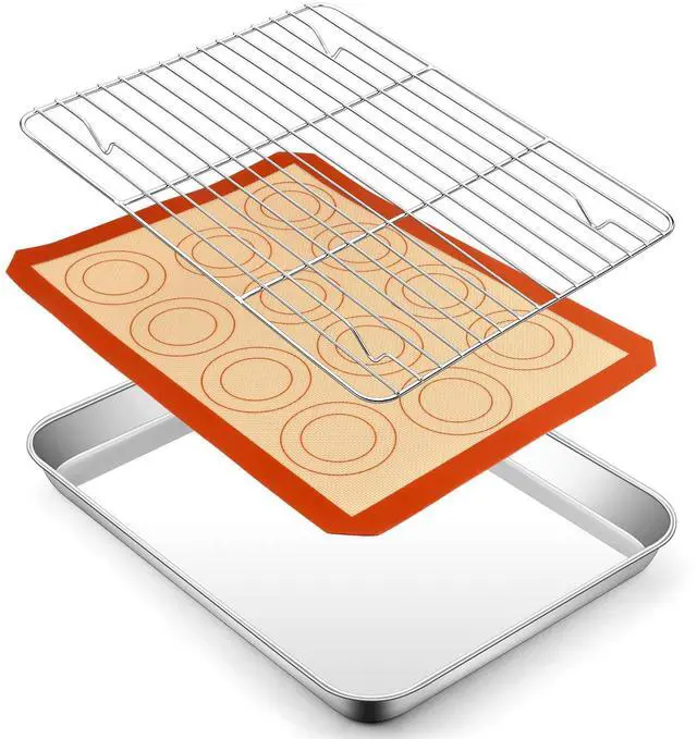 Main image of 12.5 Inch Baking Oven Sheet Pan with Rack & Mat for Cookie, Stainless Steel Oven Sheet Tray Cooling Rack and Silicone Mat for Baking & Roasting, Dishwasher Safe & Healthy, 3Pcs