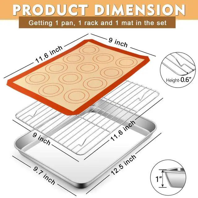 Alt view image 2 of 7 - 12.5 Inch Baking Oven Sheet Pan with Rack & Mat for Cookie, Stainless Steel Oven Sheet Tray Cooling Rack and Silicone Mat for Baking & Roasting, Dishwasher Safe & Healthy, 3Pcs