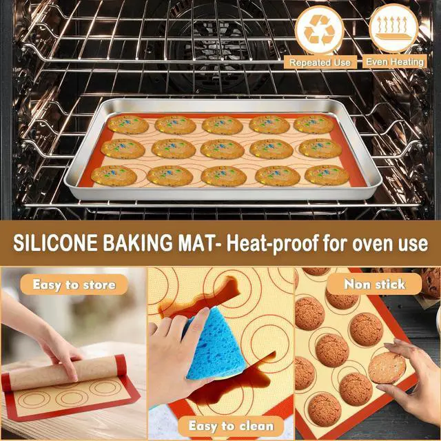 Alt view image 4 of 7 - 12.5 Inch Baking Oven Sheet Pan with Rack & Mat for Cookie, Stainless Steel Oven Sheet Tray Cooling Rack and Silicone Mat for Baking & Roasting, Dishwasher Safe & Healthy, 3Pcs