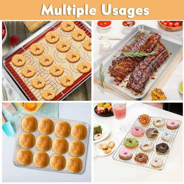 Alt view image 6 of 7 - 12.5 Inch Baking Oven Sheet Pan with Rack & Mat for Cookie, Stainless Steel Oven Sheet Tray Cooling Rack and Silicone Mat for Baking & Roasting, Dishwasher Safe & Healthy, 3Pcs