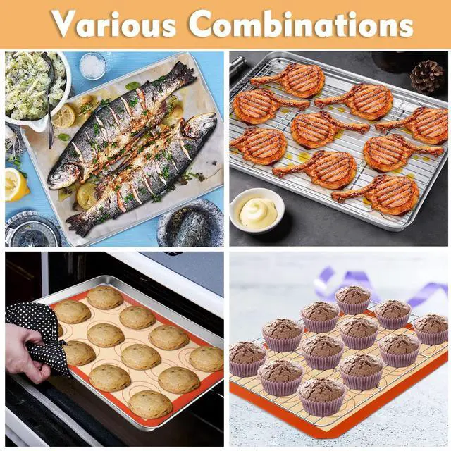 Alt view image 5 of 7 - 12.5 Inch Baking Oven Sheet Pan with Rack & Mat for Cookie, Stainless Steel Oven Sheet Tray Cooling Rack and Silicone Mat for Baking & Roasting, Dishwasher Safe & Healthy, 3Pcs
