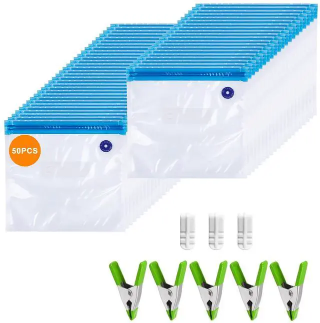 Main image of Reusable Sous Vide Bags 58Pcs BPA-Free, 1.4L Vacuum Sealer Bags for Cooking & Microwave, 50 Zipper Bags, 3 Seal Clips 5 Cooking Clips, Heat-Resistant & Leakproof (8.5x8.5in)
