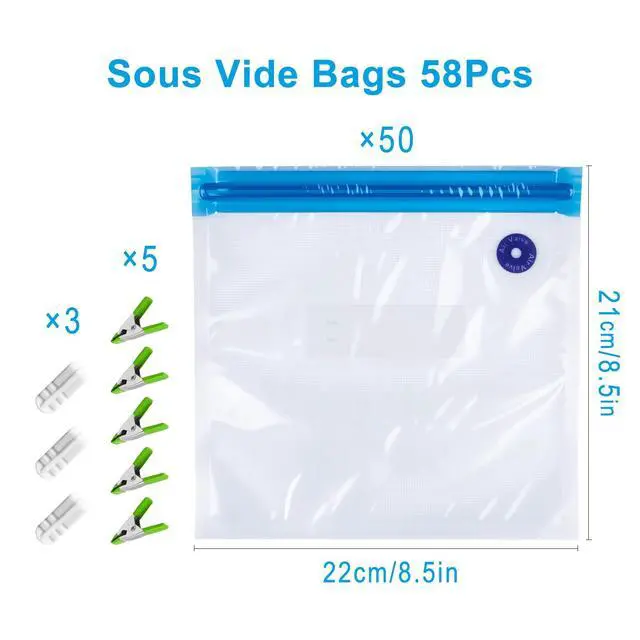 Alt view image 2 of 6 - Reusable Sous Vide Bags 58Pcs BPA-Free, 1.4L Vacuum Sealer Bags for Cooking & Microwave, 50 Zipper Bags, 3 Seal Clips 5 Cooking Clips, Heat-Resistant & Leakproof (8.5x8.5in)