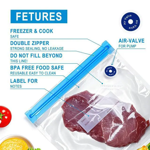 Alt view image 3 of 6 - Reusable Sous Vide Bags 58Pcs BPA-Free, 1.4L Vacuum Sealer Bags for Cooking & Microwave, 50 Zipper Bags, 3 Seal Clips 5 Cooking Clips, Heat-Resistant & Leakproof (8.5x8.5in)