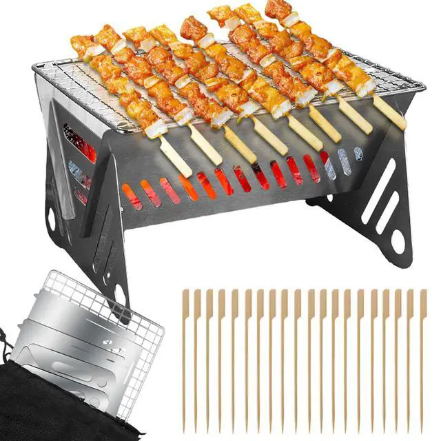 Main image of Outdoor Stainless Steel Camping Grill Folding Barbecue Grills Mini Portable Camping Grill with Bamboo chopsticks/Storage bag, Small Assemblable Removable BBQ Grill Tabletop Fire Pit for Camping Patio