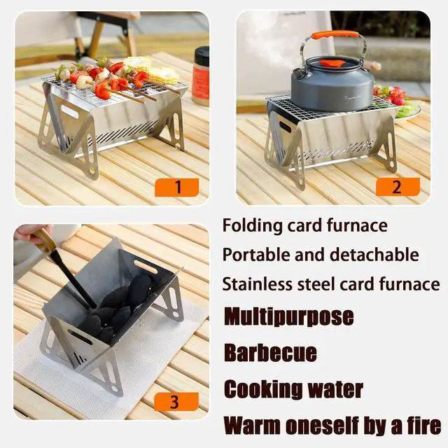 Alt view image 3 of 6 - Outdoor Stainless Steel Camping Grill Folding Barbecue Grills Mini Portable Camping Grill with Bamboo chopsticks/Storage bag, Small Assemblable Removable BBQ Grill Tabletop Fire Pit for Camping Patio