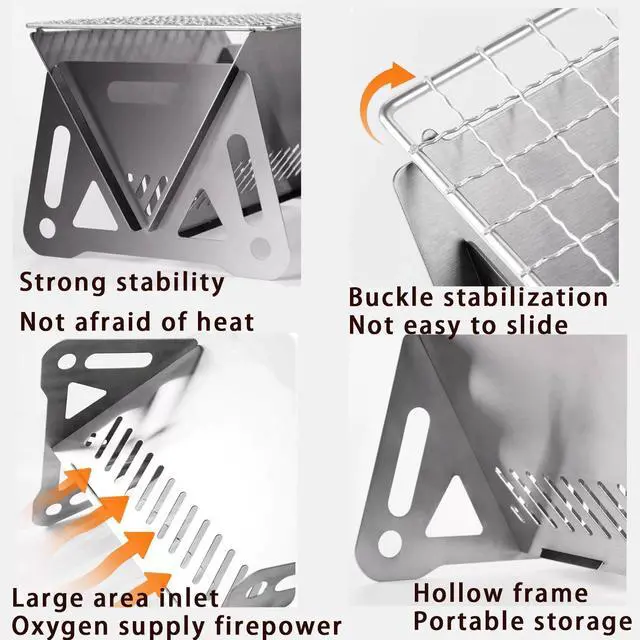 Alt view image 4 of 6 - Outdoor Stainless Steel Camping Grill Folding Barbecue Grills Mini Portable Camping Grill with Bamboo chopsticks/Storage bag, Small Assemblable Removable BBQ Grill Tabletop Fire Pit for Camping Patio
