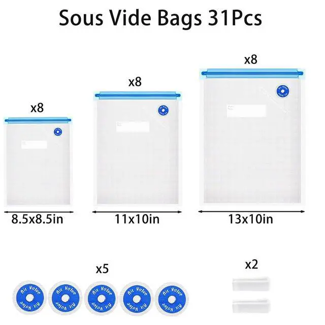 Alt view image 2 of 7 - Sous Vide Bags 31 Pcs (24 Pcs Vacuum Zipper Bags & 2 Seal Clips & 5 Air Valves),Reusable BPA Free Vacuum Sealer Bags Vacuum Food Storage Bags for Cooking/Food Storage/Microwave Heating