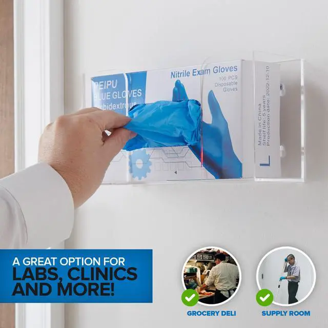 Alt view image 7 of 7 - Acrylic Single Gloves Dispenser, Tissue Box Shelf, Glove Holder Wall Mount, for Kitchen, Cleaning Closet, Lab, Exam, Office
