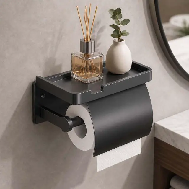 Main image of Upgrade Toilet Paper Holder with Shelf, Self-Adhesive Tissue Roll Holder Wall Mount RV Washroom Bathroom Toilet Roll Holder with Cover (Black with Cap)