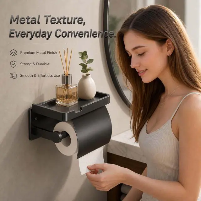 Alt view image 2 of 7 - Upgrade Toilet Paper Holder with Shelf, Self-Adhesive Tissue Roll Holder Wall Mount RV Washroom Bathroom Toilet Roll Holder with Cover (Black with Cap)