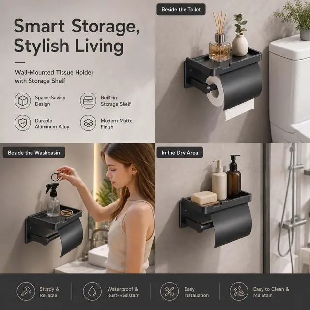 Alt view image 3 of 7 - Upgrade Toilet Paper Holder with Shelf, Self-Adhesive Tissue Roll Holder Wall Mount RV Washroom Bathroom Toilet Roll Holder with Cover (Black with Cap)