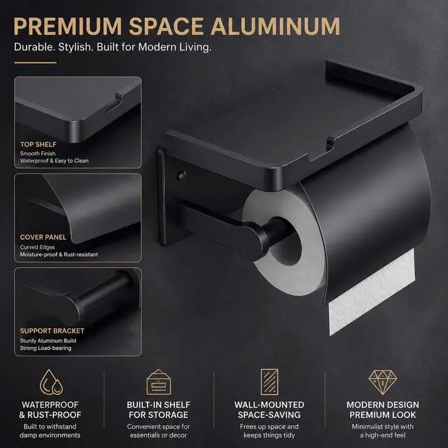 Alt view image 4 of 7 - Upgrade Toilet Paper Holder with Shelf, Self-Adhesive Tissue Roll Holder Wall Mount RV Washroom Bathroom Toilet Roll Holder with Cover (Black with Cap)