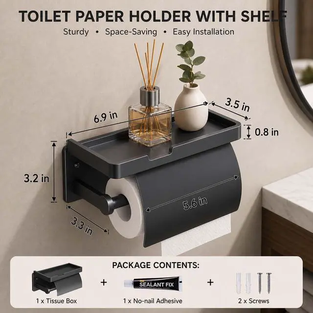 Alt view image 5 of 7 - Upgrade Toilet Paper Holder with Shelf, Self-Adhesive Tissue Roll Holder Wall Mount RV Washroom Bathroom Toilet Roll Holder with Cover (Black with Cap)