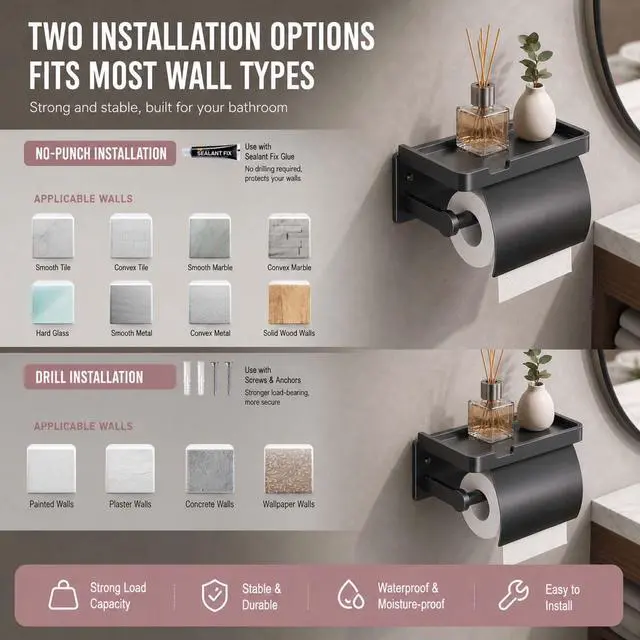 Alt view image 7 of 7 - Upgrade Toilet Paper Holder with Shelf, Self-Adhesive Tissue Roll Holder Wall Mount RV Washroom Bathroom Toilet Roll Holder with Cover (Black with Cap)