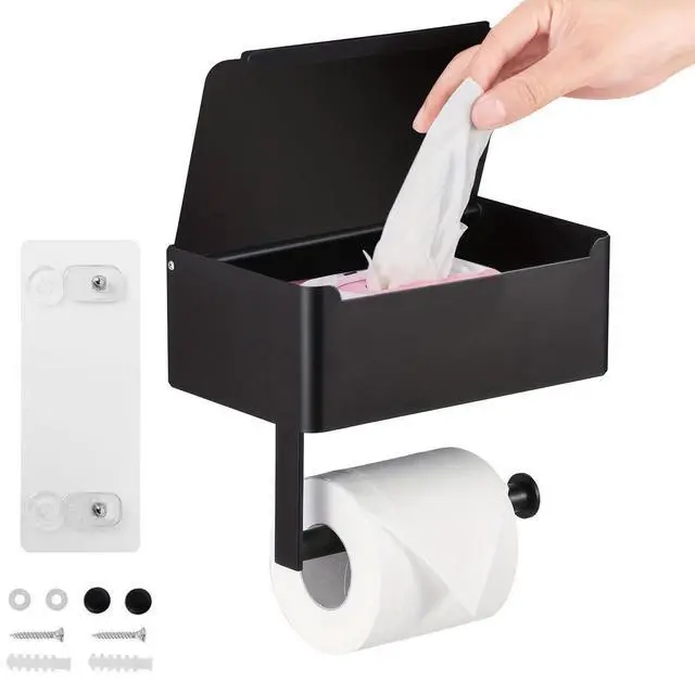 Main image of Toilet Paper Holder with Shelf,Rustproof Flushable Wipes Dispenser,Self Adhesive Drilling Toilet Paper Holder Wall Mount,Tissue Holders with Storage,Wipe Holders for Bathroom(SingleRoll)