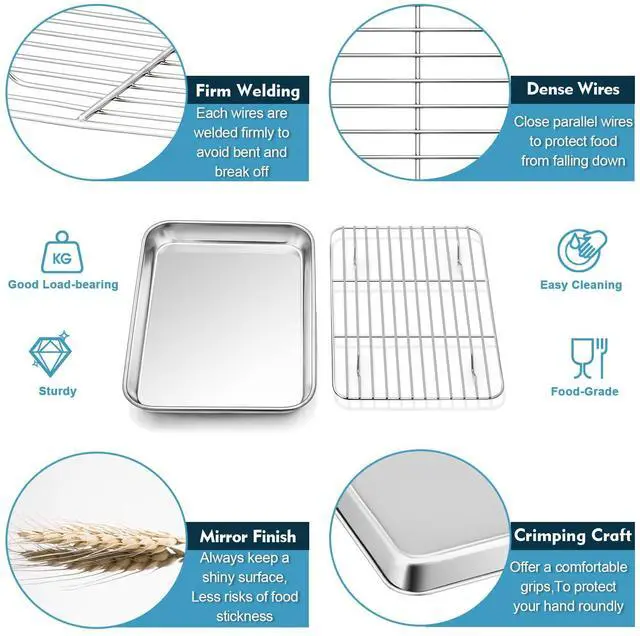 Alt view image 3 of 7 - 10.4 Inch Baking Oven Sheet Pan with Rack & Mat for Cookie, Stainless Steel Oven Sheet Tray Cooling Rack and Silicone Mat for Baking & Roasting, Dishwasher Safe & Healthy, 3Pcs
