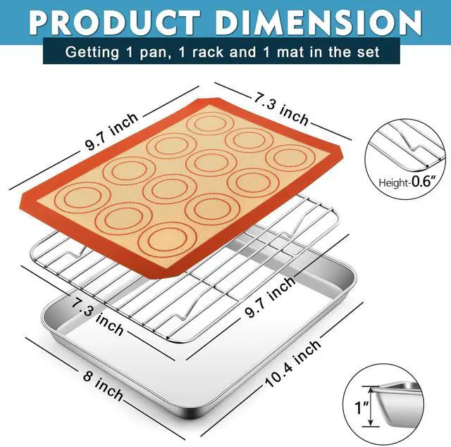 Alt view image 2 of 7 - 10.4 Inch Baking Oven Sheet Pan with Rack & Mat for Cookie, Stainless Steel Oven Sheet Tray Cooling Rack and Silicone Mat for Baking & Roasting, Dishwasher Safe & Healthy, 3Pcs