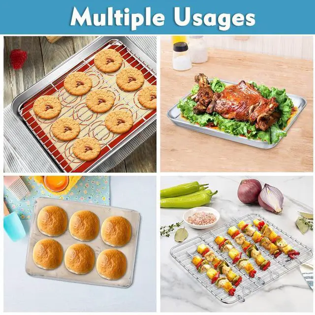 Alt view image 6 of 7 - 10.4 Inch Baking Oven Sheet Pan with Rack & Mat for Cookie, Stainless Steel Oven Sheet Tray Cooling Rack and Silicone Mat for Baking & Roasting, Dishwasher Safe & Healthy, 3Pcs