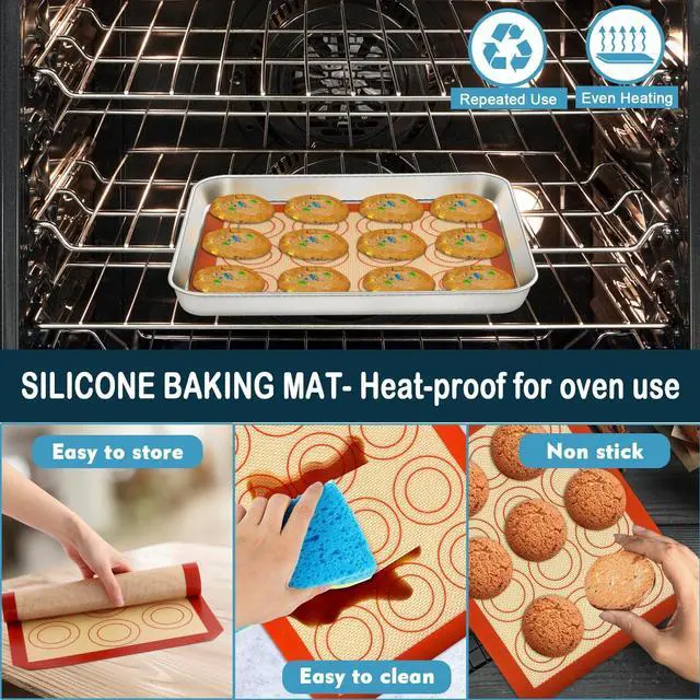 Alt view image 4 of 7 - 10.4 Inch Baking Oven Sheet Pan with Rack & Mat for Cookie, Stainless Steel Oven Sheet Tray Cooling Rack and Silicone Mat for Baking & Roasting, Dishwasher Safe & Healthy, 3Pcs