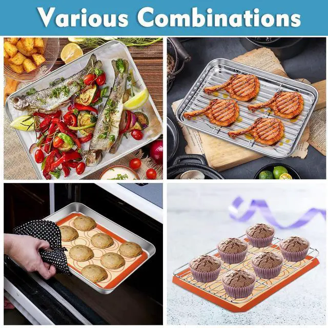 Alt view image 5 of 7 - 10.4 Inch Baking Oven Sheet Pan with Rack & Mat for Cookie, Stainless Steel Oven Sheet Tray Cooling Rack and Silicone Mat for Baking & Roasting, Dishwasher Safe & Healthy, 3Pcs