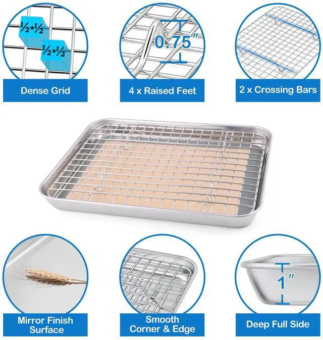 Alt view image 3 of 7 - 9 x 7 x 1 Inch Toaster Oven Pan with Grid Rack and Silicone Mat, Stainless Steel Toaster Oven Tray Baking Pan with Cooling Roasting Rack, Dishwasher Safe (3Pcs)