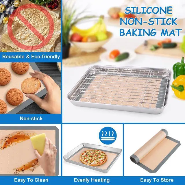 Alt view image 4 of 7 - 9 x 7 x 1 Inch Toaster Oven Pan with Grid Rack and Silicone Mat, Stainless Steel Toaster Oven Tray Baking Pan with Cooling Roasting Rack, Dishwasher Safe (3Pcs)