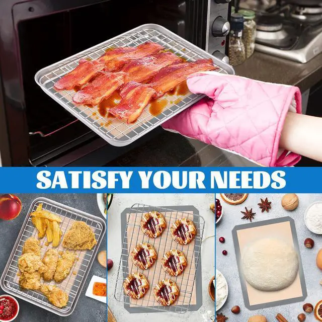 Alt view image 7 of 7 - 9 x 7 x 1 Inch Toaster Oven Pan with Grid Rack and Silicone Mat, Stainless Steel Toaster Oven Tray Baking Pan with Cooling Roasting Rack, Dishwasher Safe (3Pcs)